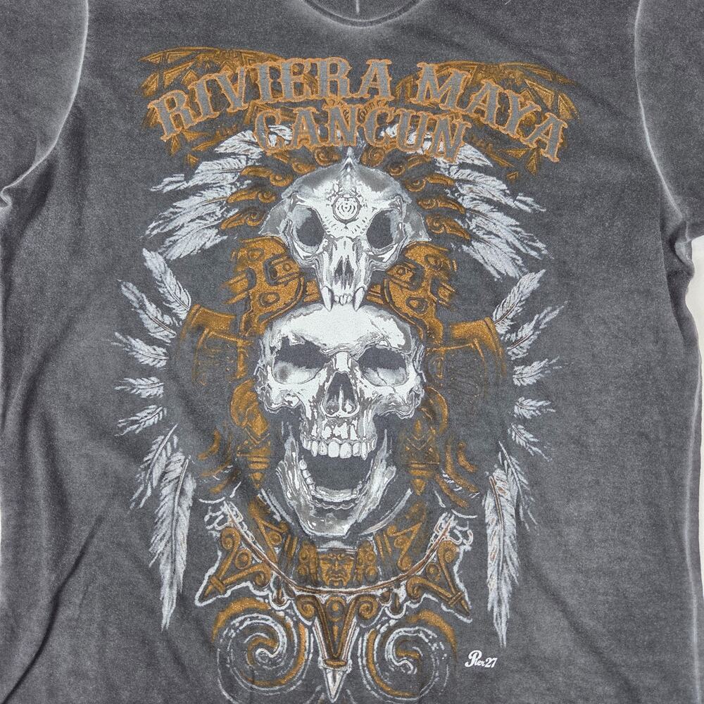 Pier 27 Cancun Mexico Skull Graphic Tee Mens L Grey Distressed Biker Grunge - Picture 2 of 7